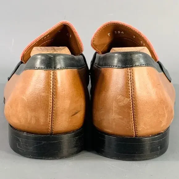 Size 8 Tan Multi Color Color Block Leather Slip On Penny Loafers
